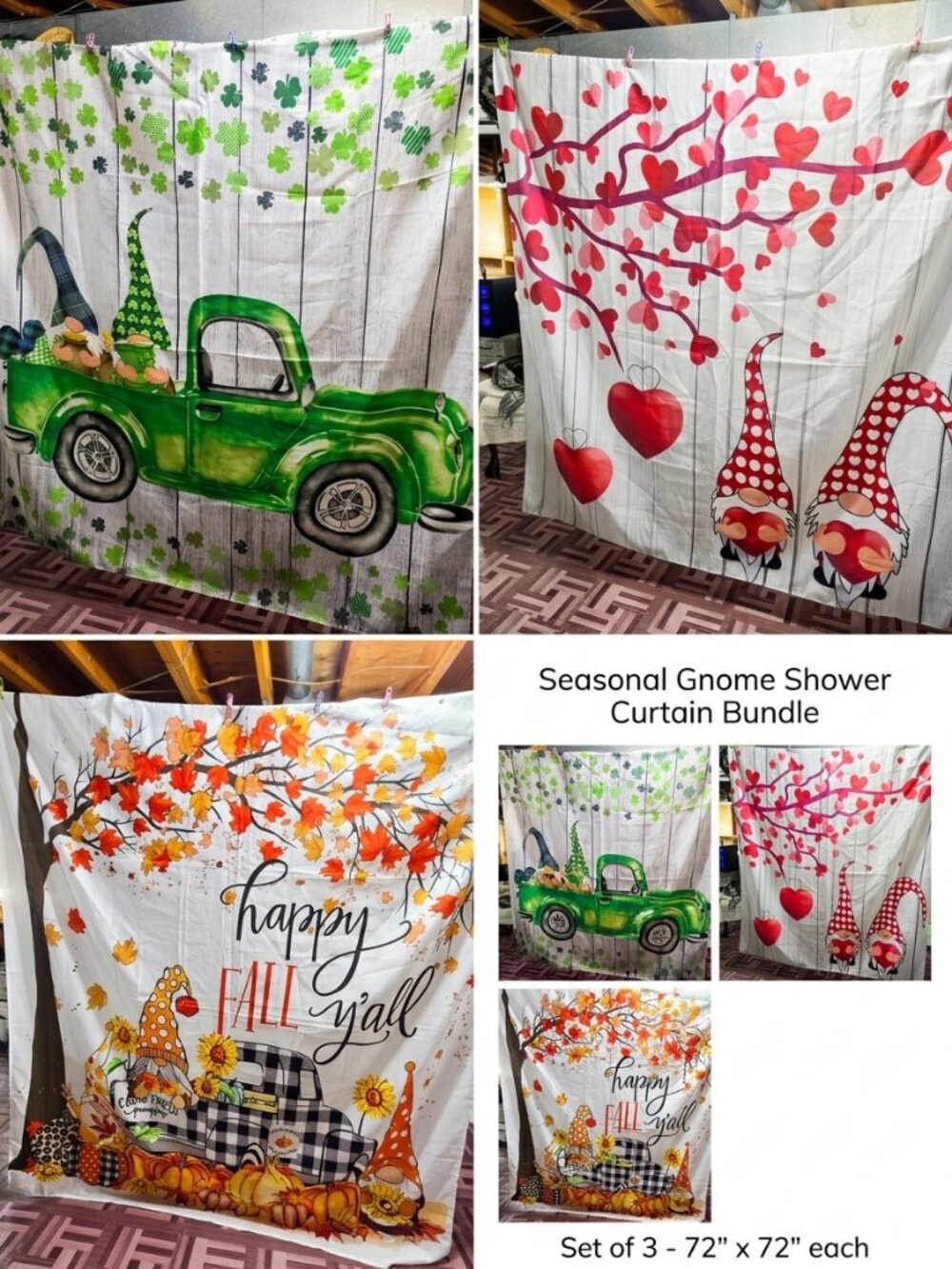Seasonal Gnome Shower Curtain Collection - 72x72 - Set of 3